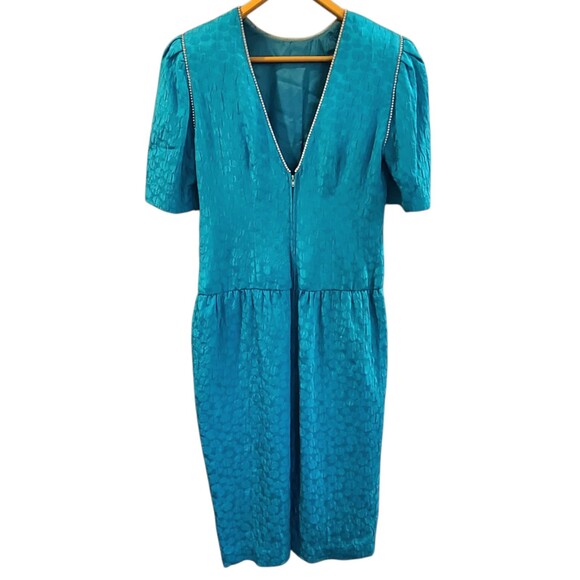 Vintage 80s AJ Bari Silk Teal Low Back Dress Sequence Rhinestone Puff Sleeve 8 - Picture 1 of 10